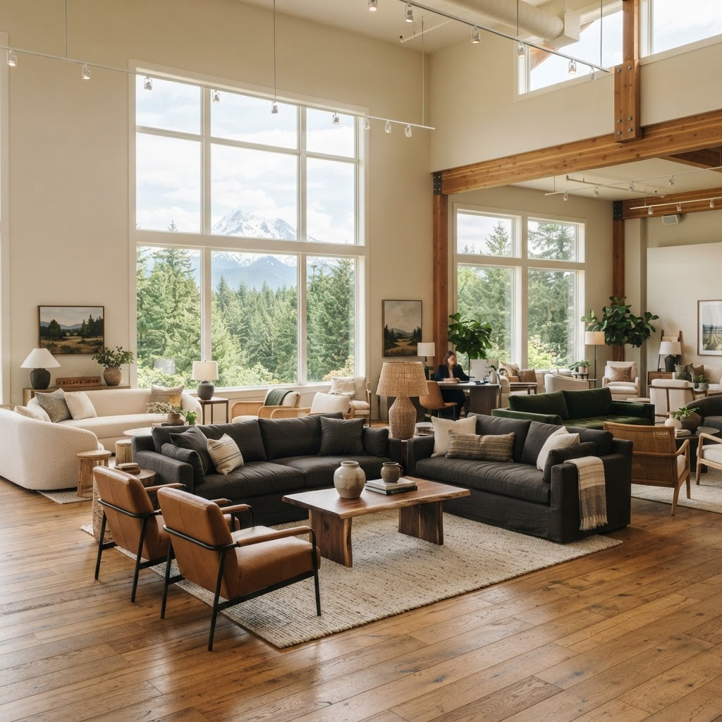 TruRooms furniture showroom in the Pacific Northwest with mountain views