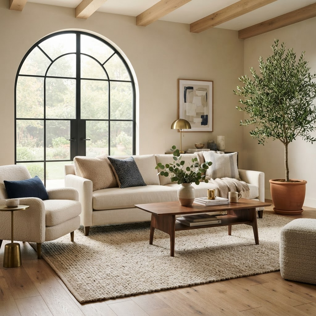 Sunlit modern living room with a tailored linen sofa and walnut coffee table